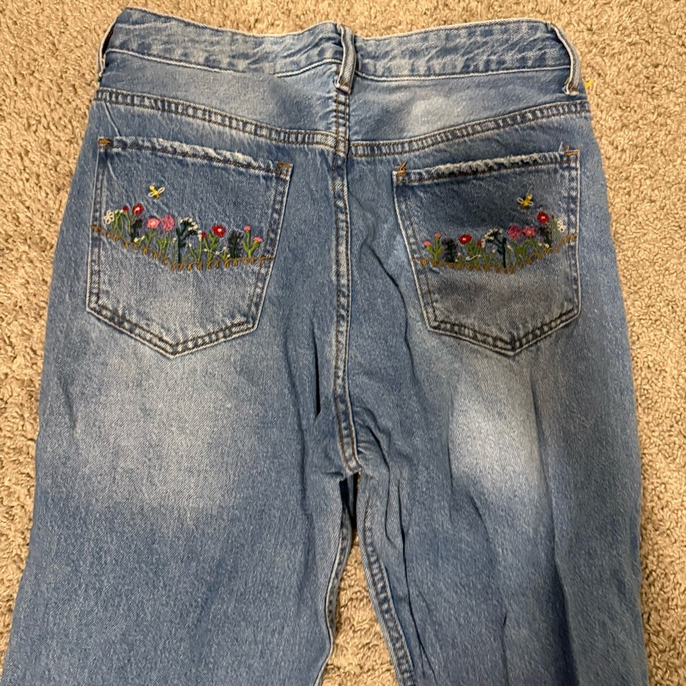 Embroidered Blue Straight Leg Jeans